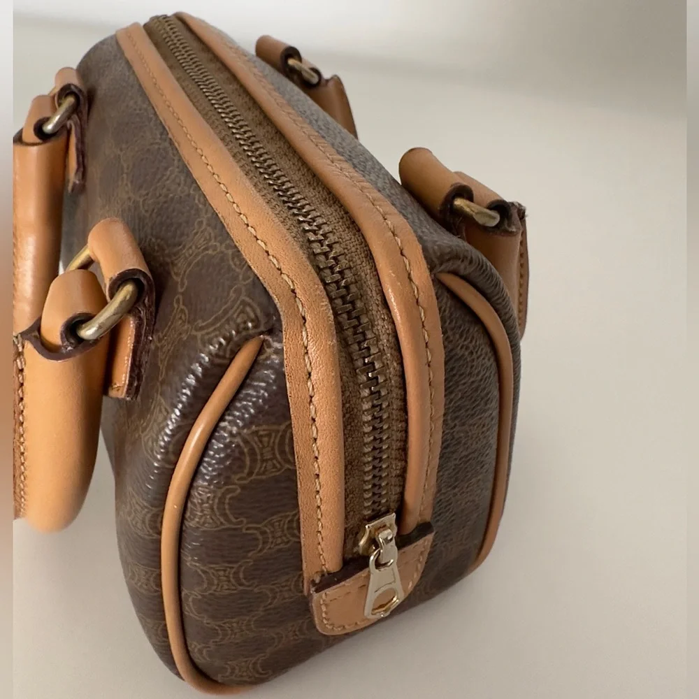 ✨CELINE Vintage Macadam Triomphe Canvas Leather Micro Mini Boston Handbag Brown - Picture 13 of 17